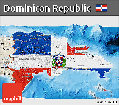 Flag 3D Map of Dominican Republic, shaded relief outside, bathymetry sea