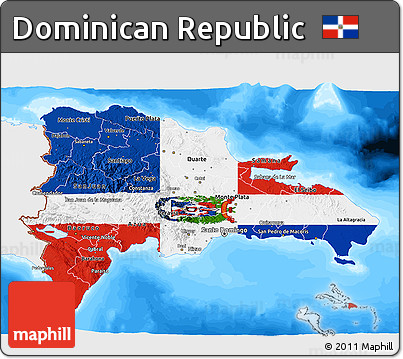 Flag 3D Map of Dominican Republic, single color outside, bathymetry sea, flag rotated