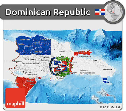 Flag 3D Map of Dominican Republic, single color outside, bathymetry sea, shaded relief sea, flag aligned to the middle