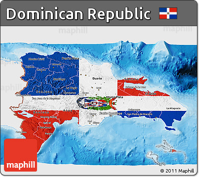 Flag 3D Map of Dominican Republic, single color outside, bathymetry sea, shaded relief sea, flag rotated