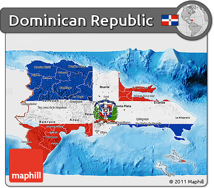 Flag 3D Map of Dominican Republic, single color outside, bathymetry sea, shaded relief sea