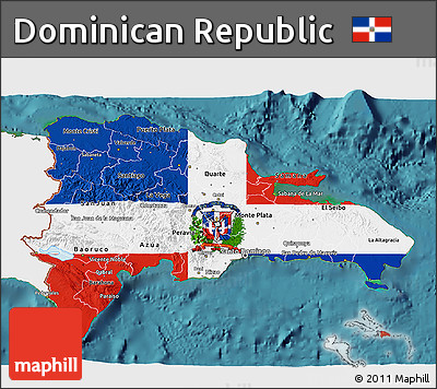 Flag 3D Map of Dominican Republic, single color outside, satellite sea, flag centered
