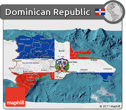 Flag 3D Map of Dominican Republic, single color outside, satellite sea