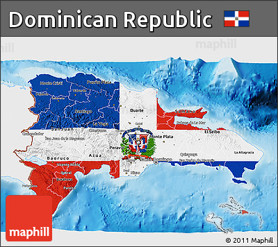 Flag 3D Map of Dominican Republic, single color outside, shaded relief sea, flag centered