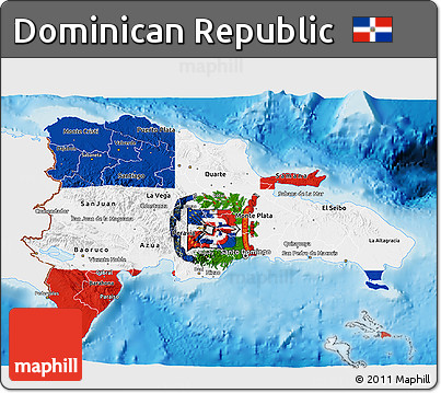 Flag 3D Map of Dominican Republic, single color outside, shaded relief sea, flag aligned to the middle