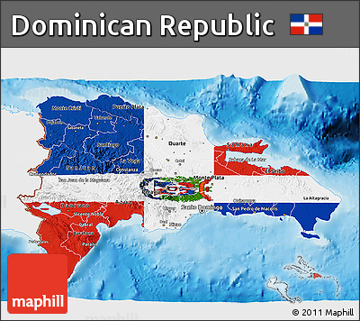 Flag 3D Map of Dominican Republic, single color outside, shaded relief sea, flag rotated