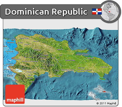 Satellite 3D Map of Dominican Republic, political shades outside, satellite sea