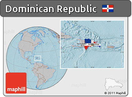 Flag Location Map of Dominican Republic, gray outside, hill shading outside