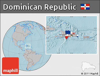 Flag Location Map of Dominican Republic, gray outside, hill shading outside