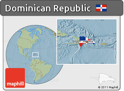Flag Location Map of Dominican Republic, savanna style outside, hill shading outside