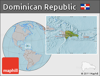 Satellite Location Map of Dominican Republic, gray outside, hill shading