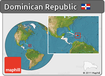 Satellite Location Map of Dominican Republic, highlighted continent, within the entire continent