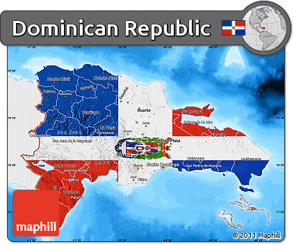 Flag Map of Dominican Republic, single color outside, bathymetry sea, flag rotated