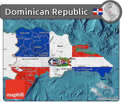 Flag Map of Dominican Republic, single color outside, satellite sea, flag rotated