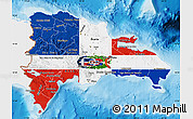 Flag Map of Dominican Republic, single color outside, shaded relief sea, flag rotated