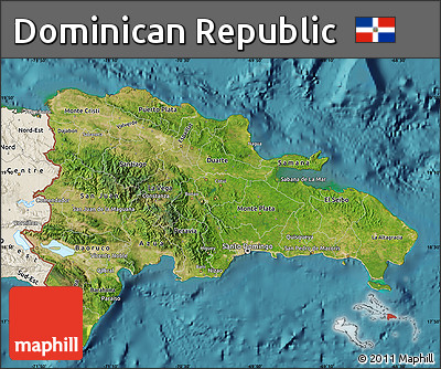 Satellite Map of Dominican Republic, shaded relief outside, satellite sea