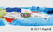 Flag Panoramic Map of Dominican Republic, physical outside, bathymetry sea, flag aligned to the middle