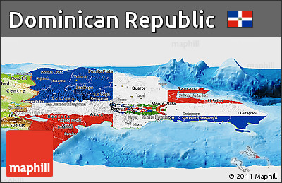Flag Panoramic Map of Dominican Republic, physical outside, bathymetry sea, flag rotated