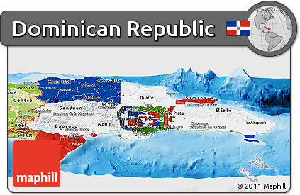 Flag Panoramic Map of Dominican Republic, physical outside, flag aligned to the middle