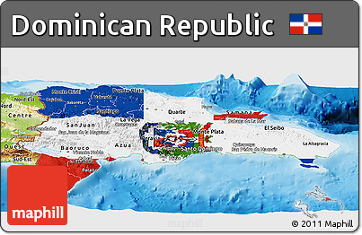 Flag Panoramic Map of Dominican Republic, physical outside, flag aligned to the middle