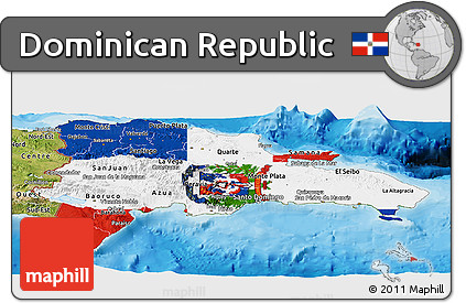 Flag Panoramic Map of Dominican Republic, satellite outside, bathymetry sea, flag aligned to the middle