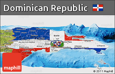 Flag Panoramic Map of Dominican Republic, satellite outside, bathymetry sea