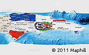 Flag Panoramic Map of Dominican Republic, shaded relief outside, bathymetry sea, flag aligned to the middle