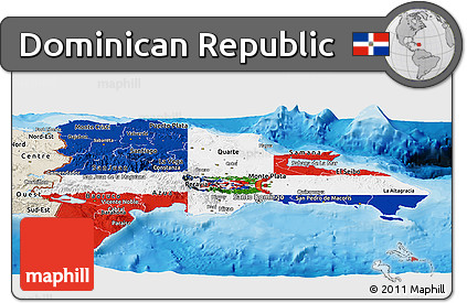 Flag Panoramic Map of Dominican Republic, shaded relief outside, bathymetry sea, flag rotated