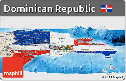 Flag Panoramic Map of Dominican Republic, shaded relief outside, bathymetry sea, flag rotated