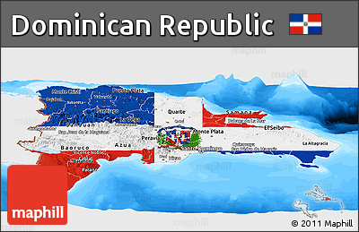 Flag Panoramic Map of Dominican Republic, single color outside, bathymetry sea, flag centered