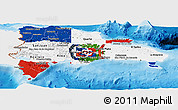 Flag Panoramic Map of Dominican Republic, single color outside, bathymetry sea, shaded relief sea, flag aligned to the middle