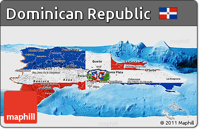 Flag Panoramic Map of Dominican Republic, single color outside, bathymetry sea, shaded relief sea