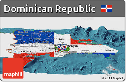 Flag Panoramic Map of Dominican Republic, single color outside, satellite sea, flag centered