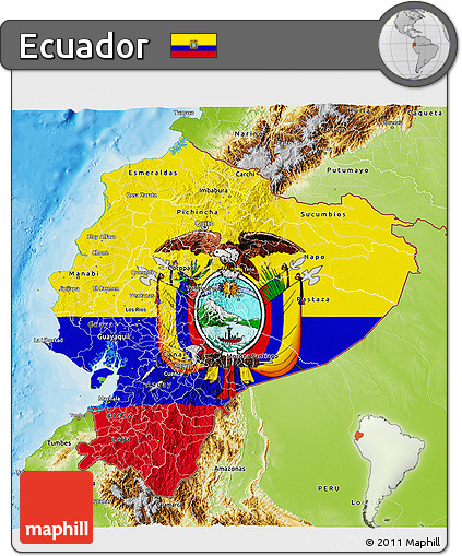 Flag 3D Map of Ecuador, physical outside, bathymetry sea, flag centered