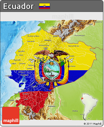 Flag 3D Map of Ecuador, physical outside, bathymetry sea, flag centered