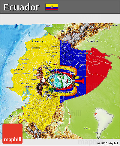Flag 3D Map of Ecuador, physical outside, bathymetry sea, flag aligned to the middle