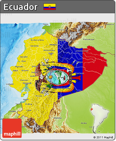 Flag 3D Map of Ecuador, physical outside, bathymetry sea, flag aligned to the middle