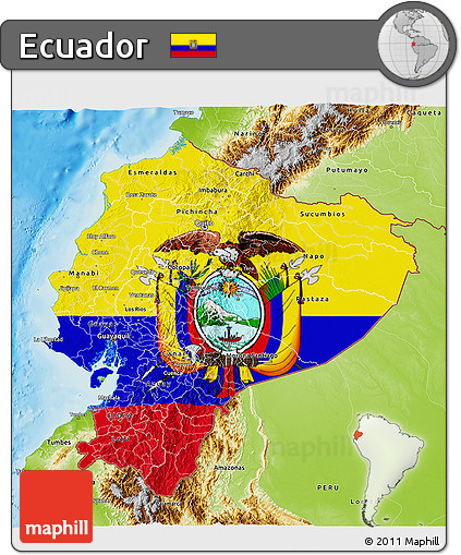 Flag 3D Map of Ecuador, physical outside, flag centered