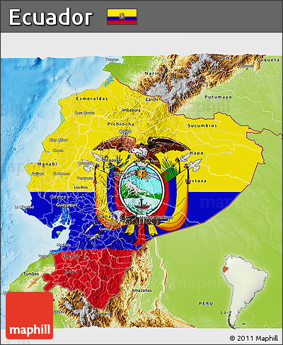 Flag 3D Map of Ecuador, physical outside, flag centered