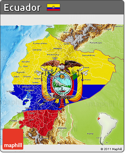 Flag 3D Map of Ecuador, physical outside, flag centered