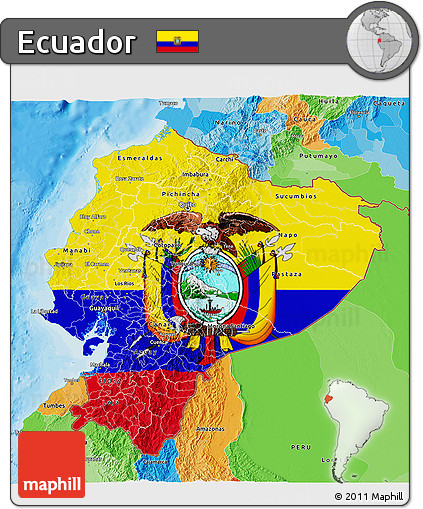 Flag 3D Map of Ecuador, political outside, flag centered