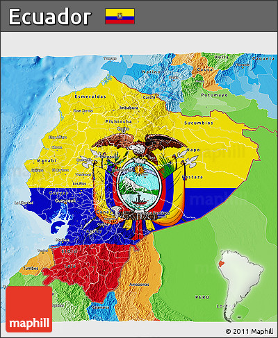 Flag 3D Map of Ecuador, political outside, flag centered