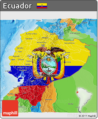Flag 3D Map of Ecuador, political outside, flag centered