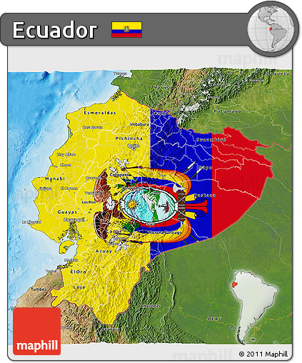 Flag 3D Map of Ecuador, satellite outside, bathymetry sea, flag aligned to the middle