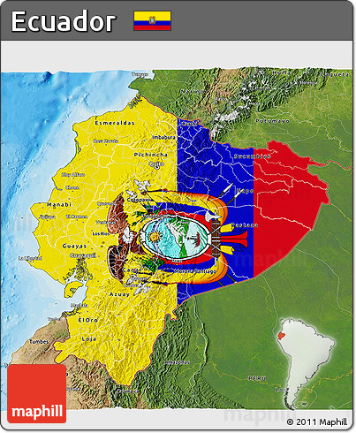 Flag 3D Map of Ecuador, satellite outside, bathymetry sea, flag aligned to the middle