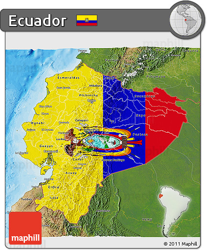 Flag 3D Map of Ecuador, satellite outside, bathymetry sea, flag rotated