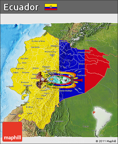 Flag 3D Map of Ecuador, satellite outside, bathymetry sea, flag rotated