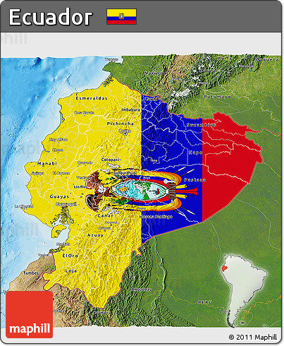Flag 3D Map of Ecuador, satellite outside, bathymetry sea, flag rotated