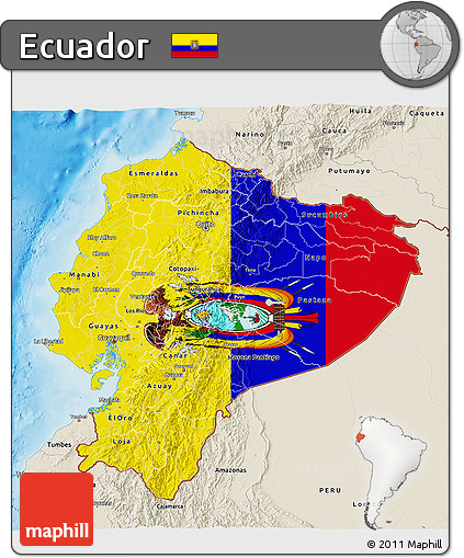 Flag 3D Map of Ecuador, shaded relief outside, flag rotated