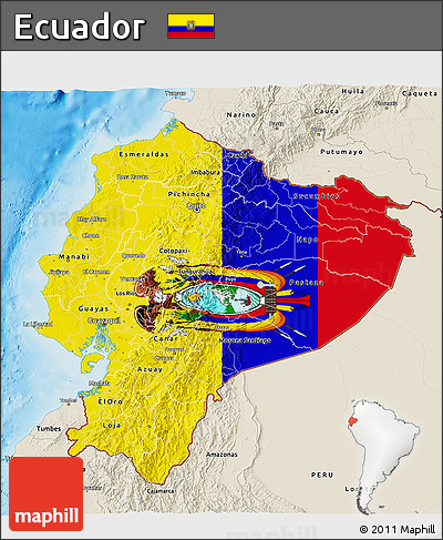 Flag 3D Map of Ecuador, shaded relief outside, flag rotated